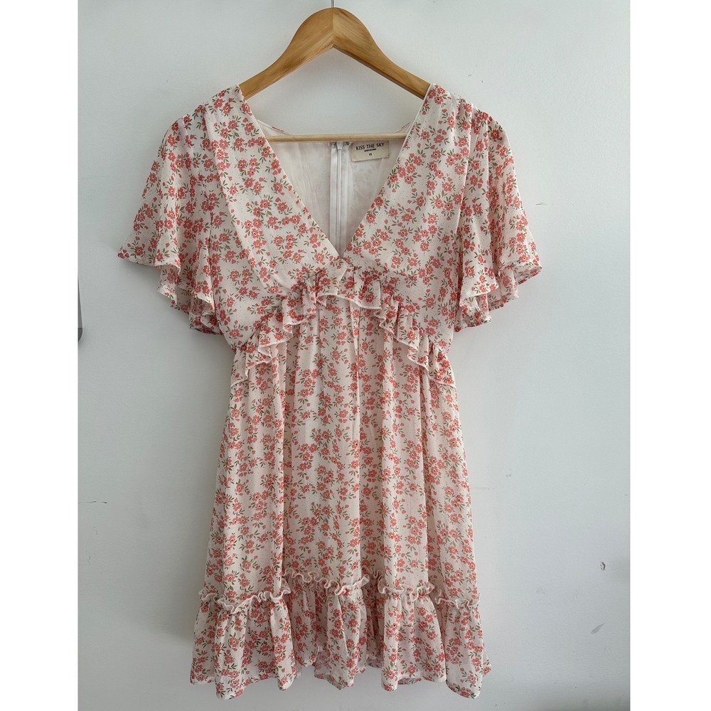 Kiss The Sky Floral Ruffle Mini Dress Pink Cream V-Neck Flutter Sleeve XS